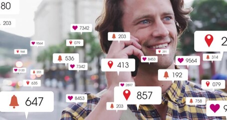 Poster - Social media notifications animation over man talking on smartphone outdoors