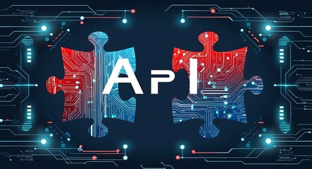 Digital representation of API integration concept with two interlocking puzzle pieces against a futuristic tech-inspired abstract background, symbolizing connectivity and interoperability  