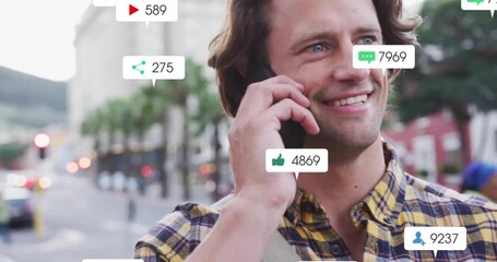 Poster - Social media notifications animation over man talking on smartphone in city street