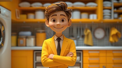 A cheerful animated boy in a yellow suit stands confidently in a vibrant kitchen.