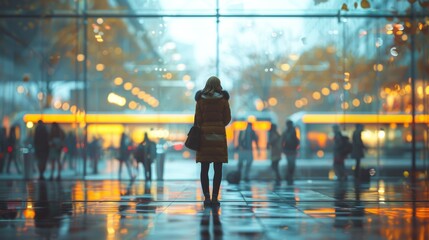 A woman stands alone in a rainy urban plaza during twilight, surrounded by blurred figures and glowing lights