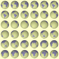 Poster - Collection of earth globes. Normal sphere view. Rotation step 10 degrees. Solid color style. World map with graticule lines on bright background. Fresh vector illustration.