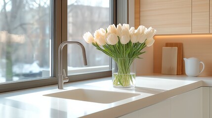 A interior design of a cozy kitchen with a sink, a window, and a vase of tulips