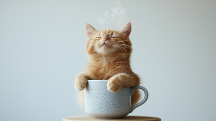 A cute sleepy ginger cat with big eyes sits inside a gray mug and looks adorable.