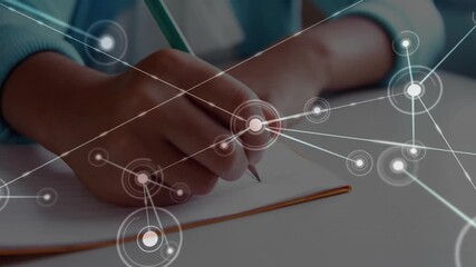 Poster - Writing in notebook, person in school surrounded by network connections animation