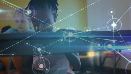 Poster - Studying in classroom, student with network connections and data processing animation