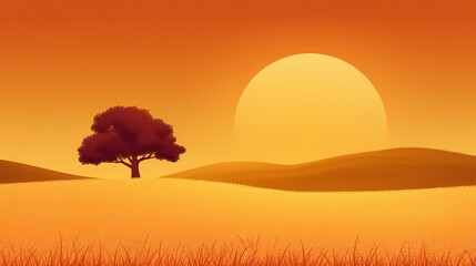 Wall Mural - A single tree stands in a field of tall grass as the sun sets in the distance.