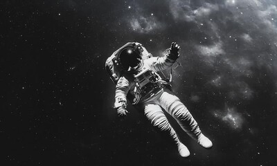 Wall Mural - astronaut in a spacesuit floating in deep space with stars and galaxies in the background, black and