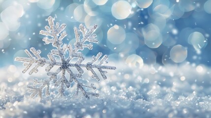 Poster - Close-up view of a sparkling snowflake resting in a bed of fresh snow. The background is a soft blur of blue and white, creating a dreamy, wintery atmosphere.