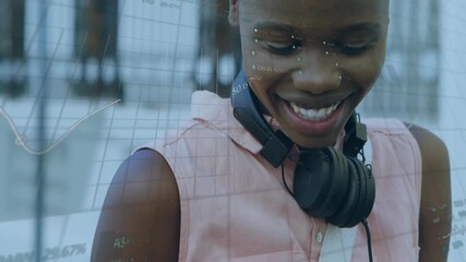 Poster - Checking financial data animation, person with headphones using smartphone