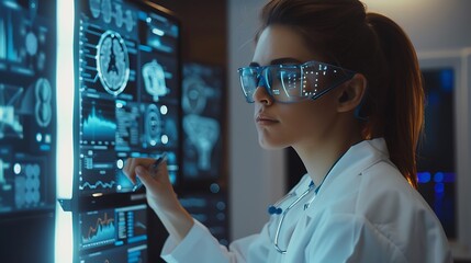 Poster - Female Doctor is analyzing data on a large screen in a futuristic medical lab setting.