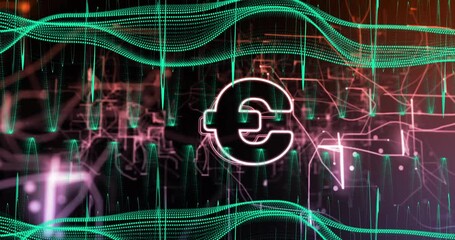 Sticker - Euro currency symbol with digital waves and data processing animation