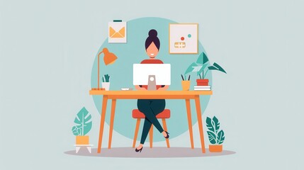 Poster - Telecommuting, worker at home with desktop computer, flat design illustration
