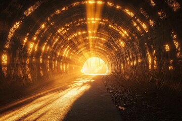 Poster - Sunlight streaming through a tunnel at dusk illuminating the pathway with golden rays and creating a warm, inviting ambiance. Generative AI