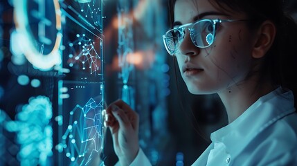 Poster - Woman in a white shirt intently examines a large interactive display, focusing on intricate data visualizations and graphs, showcasing her expertise in technology and data analysis.