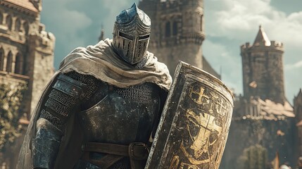 Wall Mural - A Knight in Full Armor with Shield and Cloak