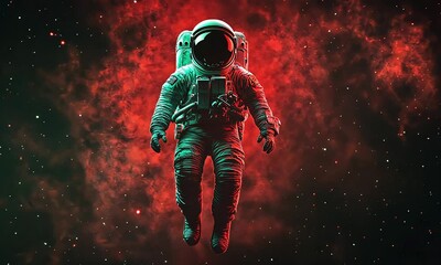 Wall Mural - astronaut in a spacesuit floating in deep space against a dramatic red nebula background, evoking th