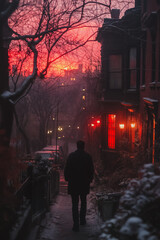 Wall Mural - A man walks down a snowy street at dusk