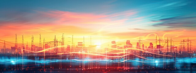 Poster - Visualization of a power grid as a structured network, with a focus on energy distribution and smart grid technology.