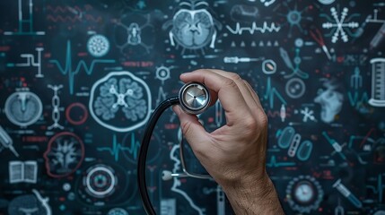 Poster - Hand Holding a stethoscope against a background of medical symbols and diagrams.