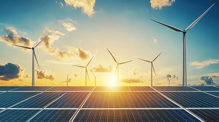 Canvas Print - Solar Panels and Wind Turbines at Sunset