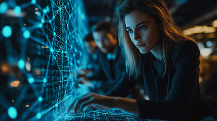 Poster - A woman is looking at a computer screen with a blue screen