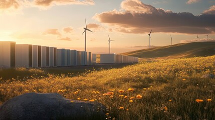 Wall Mural - Wind Turbines and Battery Storage in a Field at Sunset