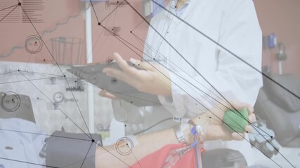 Poster - Using tablet, healthcare professional with network connections and data processing animation