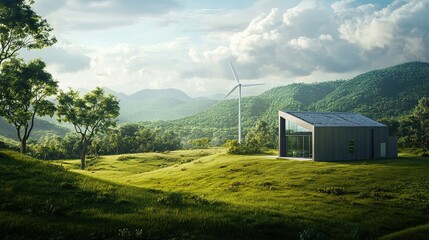 Wall Mural - Modern Sustainable Home with Wind Turbine and Solar Panels in a Lush Green Valley