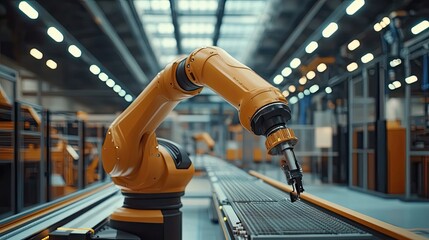 Poster - A Robotic Arm on a Conveyor Belt in a Factory Setting