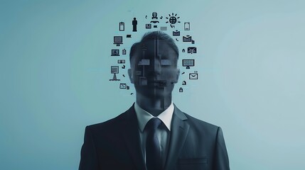 Poster - Businessman with a digital overlay of icons representing technology and communication.