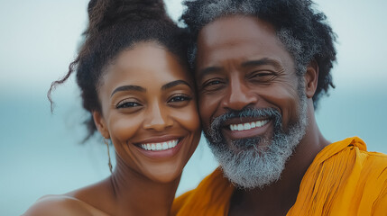 Poster - Senior African American couple having a fun and musical moment on the coast, showcasing happiness and the beauty of seaside leisure