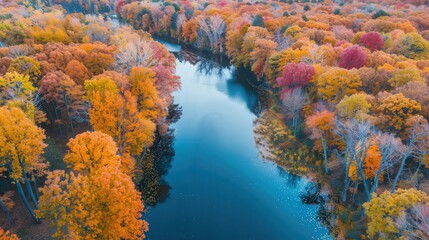 Poster - A scenic autumn view of a winding river surrounded by trees in full fall colors, with the vibrant leaves reflected in the calm water below