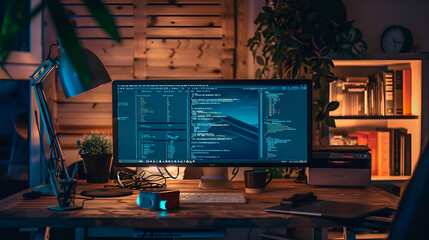 Programming code on computer screens on desktop placing working desk showing intelligent website Digital technology, software development ,software developer
