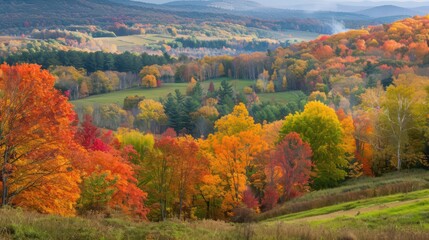 Wall Mural - A scenic autumn vista with a backdrop of rolling hills and a valley filled with trees in full fall color