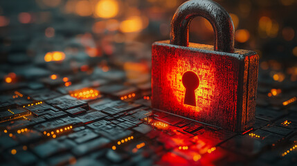 Poster - Hacker attack with a red broken padlock symbolizing a security breach, highlighting system hacking and internet cyber attack alert in cybersecurity
