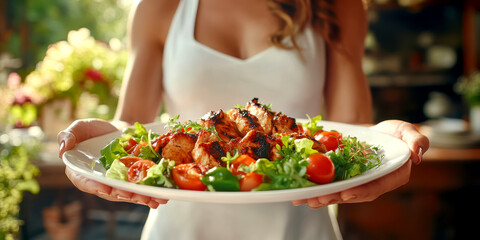 Wall Mural - Photo of a woman serving a plate of colourful salad and chicken. AI generative.