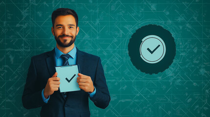 Poster - A man is holding a blue piece of paper with a check mark on it