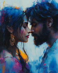 Poster - A painting of a man and woman kissing. The woman is wearing a pink dress and the man has a beard. The painting has a romantic and intimate mood