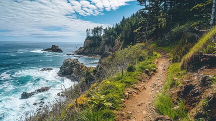 Wall Mural - A scenic nature trail along a coastal cliff, with stunning ocean views and waves crashing below, surrounded by rugged coastal vegetation