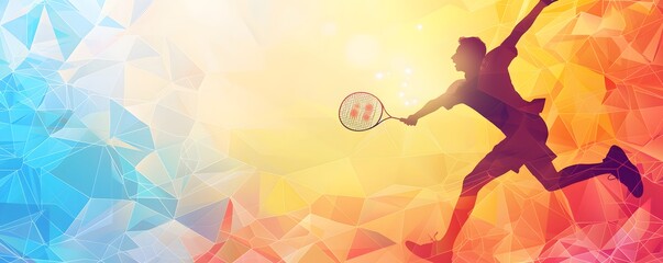 Wall Mural - Silhouette of a Tennis Player in Motion Against a Colorful Geometric Background