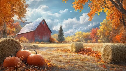 Sticker - Red Barn, Hay Bales, and Pumpkins in an Autumnal Field