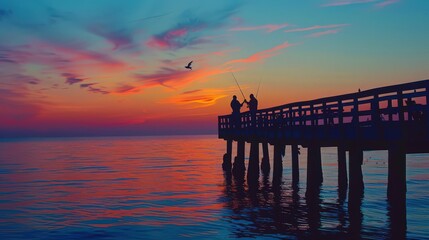 Poster - A scenic sunset over a fishing pier, with fishermen silhouetted against the colorful sky and the water reflecting the warm hues of dusk