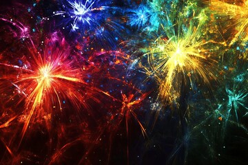 Poster - Colorful explosion of light and patterns in a cosmic abstract design created with vibrant hues against a dark background. Generative AI