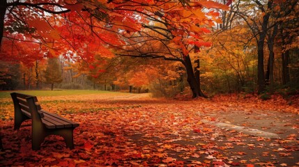 Poster - A scenic view of a park filled with fall foliage, where the vibrant reds, oranges,