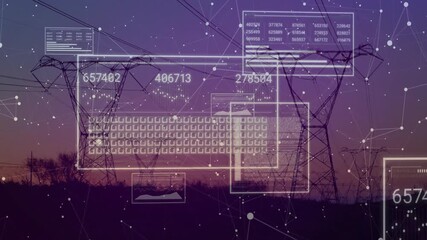 Poster - Sunset sky with power lines and data processing animation in background
