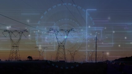Poster - Power lines and electrical grids with data processing animation during sunset