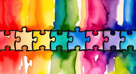 Interlocking puzzle pieces with a watercolor texture, symbolizing connection and diversity in a colorful, abstract design  