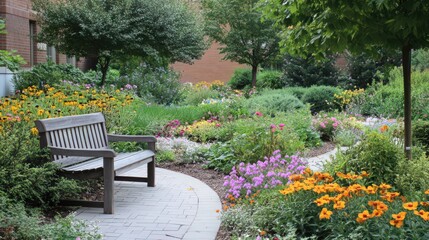 Wall Mural - A serene hospital garden, designed for patient relaxation with benches, colorful flowers, and a tranquil atmosphere for recovery.