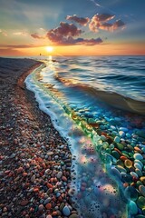 A beach covered with colored pebbles, the sky is blue and colorful clouds in the evening, 